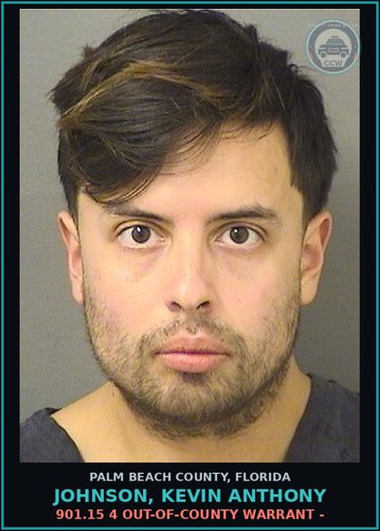 CCW arrest card for JOHNSON, KEVIN ANTHONY in Palm Beach County: 901.15 4 OUT-OF-COUNTY WARRANT -