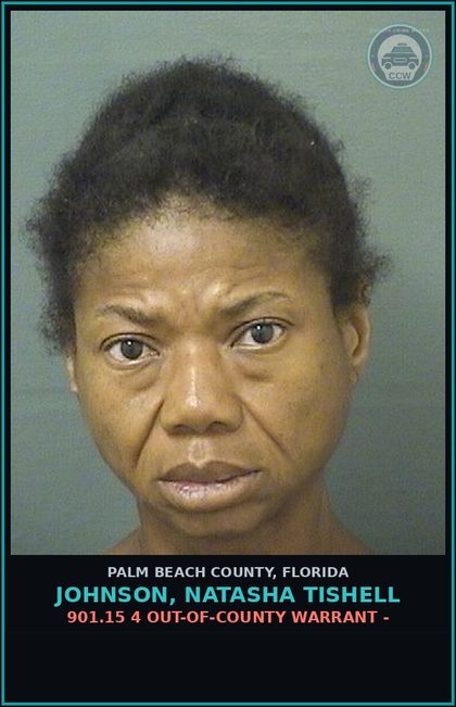 CCW arrest card for JOHNSON, NATASHA TISHELL in Palm Beach County: 901.15 4 OUT-OF-COUNTY WARRANT -