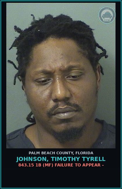 CCW arrest card for JOHNSON, TIMOTHY TYRELL in Palm Beach County: 843.15 1B (MF) FAILURE TO APPEAR -