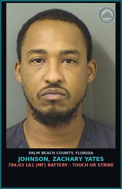CCW arrest card for JOHNSON, ZACHARY YATES in Palm Beach County: 784.03 1A1 (MF) BATTERY - TOUCH OR STRIKE
