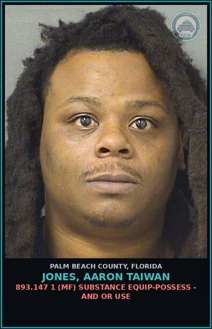 CCW arrest card for JONES, AARON TAIWAN in Palm Beach County: 893.13 6A (FT) DRUGS-POSSESS - POSSESS contr substance W/O PRESCRIPTION