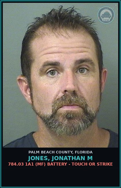 CCW arrest card for JONES, JONATHAN M in Palm Beach County: 784.03 1A1 (MF) BATTERY - TOUCH OR STRIKE