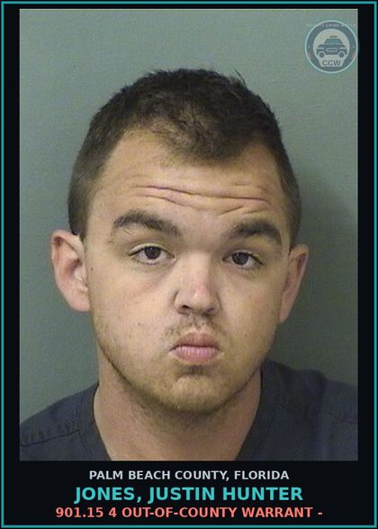 CCW arrest card for JONES, JUSTIN HUNTER in Palm Beach County: 901.15 4 OUT-OF-COUNTY WARRANT -