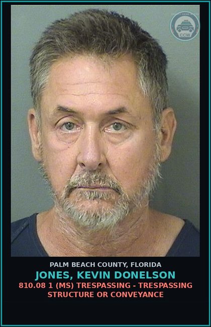 CCW arrest card for JONES, KEVIN DONELSON in Palm Beach County: 810.08 1 (MS) TRESPASSING - TRESPASSING STRUCTURE OR CONVEYANCE