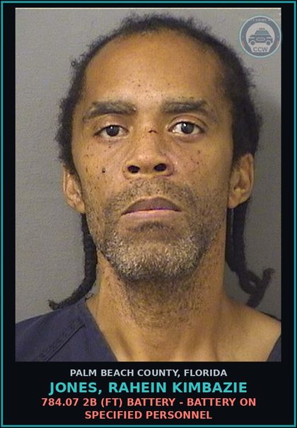 CCW arrest card for JONES, RAHEIN KIMBAZIE in Palm Beach County: 843.01 1 (FT) RESIST OFFICER - RESIST OFFICER WITH VIOLENCE