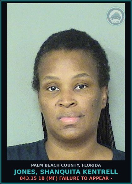 CCW arrest card for JONES, SHANQUITA KENTRELL in Palm Beach County: 843.15 1B (MF) FAILURE TO APPEAR -