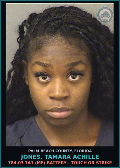 CCW arrest card for JONES, TAMARA ACHILLE in Palm Beach County: 784.03 1A1 (MF) BATTERY - TOUCH OR STRIKE
