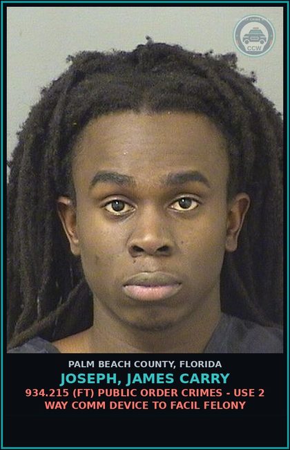 CCW arrest card for JOSEPH, JAMES CARRY in Palm Beach County: 836.10 2A (FS) INTIMIDATION - WRITTEN/ELEC THREAT TO KILL BODILY HARM ANOTHR