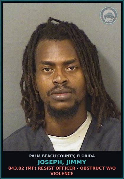 CCW arrest card for JOSEPH, JIMMY in Palm Beach County: 322.34 5 (FT) MOVING TRAFFIC VIOL - DRIVE WHILE LIC SUSP HABITUAL OFFENDER