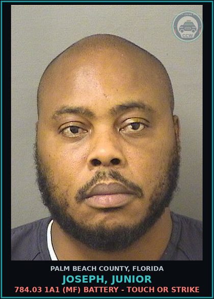 CCW arrest card for JOSEPH, JUNIOR in Palm Beach County: 784.03 1A1 (MF) BATTERY - TOUCH OR STRIKE