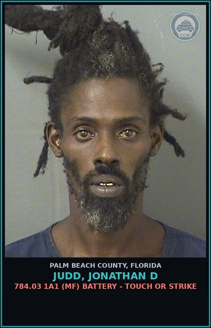 CCW arrest card for JUDD, JONATHAN D in Palm Beach County: 784.03 1A1 (MF) BATTERY - TOUCH OR STRIKE