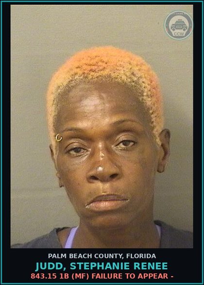 CCW arrest card for JUDD, STEPHANIE RENEE in Palm Beach County: 843.15 1B (MF) FAILURE TO APPEAR -