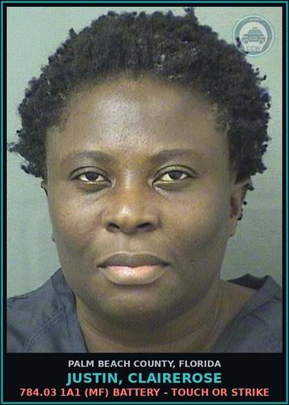 CCW arrest card for JUSTIN, CLAIREROSE in Palm Beach County: 784.03 1A1 (MF) BATTERY - TOUCH OR STRIKE