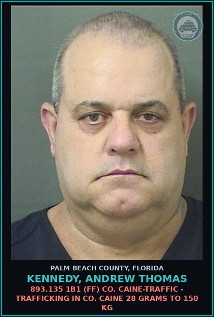CCW arrest card for KENNEDY, ANDREW THOMAS in Palm Beach County: 893.135 1B1 (FF) COCAINE-TRAFFIC - TRAFFICKING IN COCAINE 28 GRAMS TO 150 KG