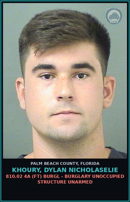 CCW arrest card for KHOURY, DYLAN NICHOLASELIE in Palm Beach County: 810.02 4A (FT) BURGL - BURGLARY UNOCCUPIED STRUCTURE UNARMED