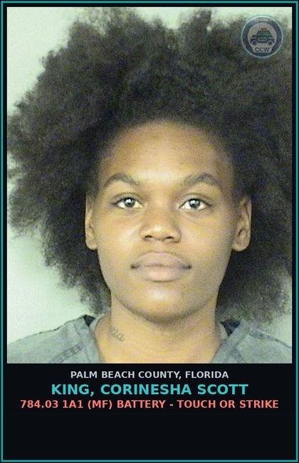 CCW arrest card for KING, CORINESHA SCOTT in Palm Beach County: 784.03 1A1 (MF) BATTERY - TOUCH OR STRIKE