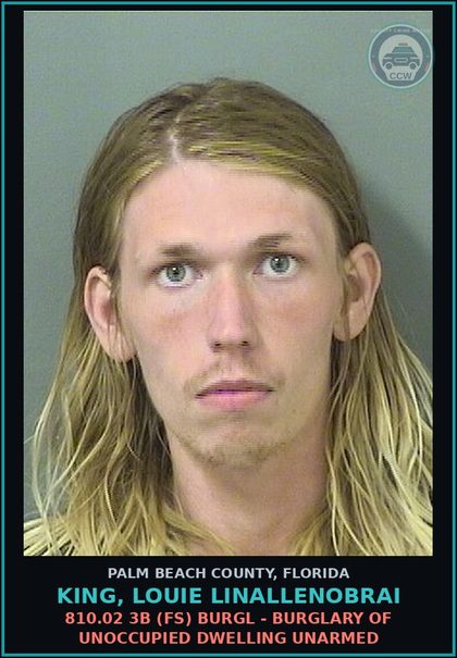 CCW arrest card for KING, LOUIE LINALLENOBRAI in Palm Beach County: 810.08 1 (MS) TRESPASSING - TRESPASSING STRUCTURE OR CONVEYANCE