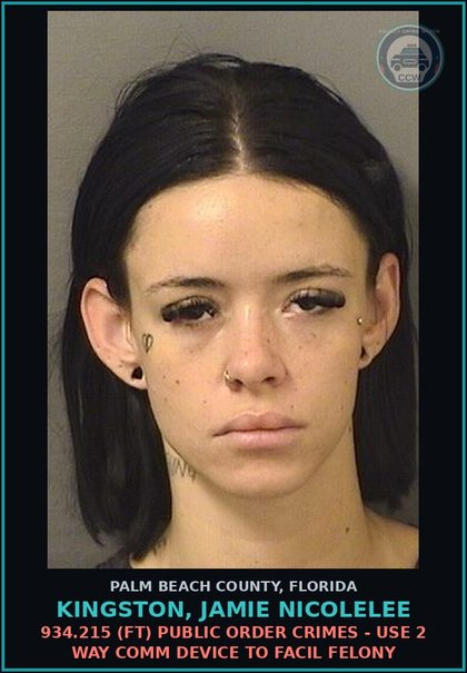 CCW arrest card for KINGSTON, JAMIE NICOLELEE in Palm Beach County: 836.10 2A (FS) INTIMIDATION - WRITTEN/ELEC THREAT TO KILL BODILY HARM ANOTHR