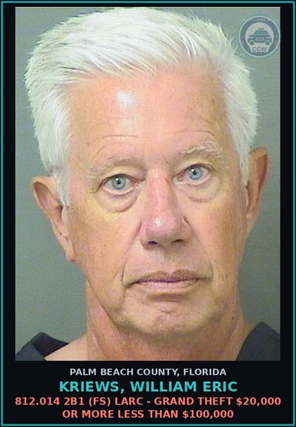 CCW arrest card for KRIEWS, WILLIAM ERIC in Palm Beach County: 812.014 2B1 (FS) LARC - GRAND THEFT $20,000 OR MORE LESS THAN $100,000