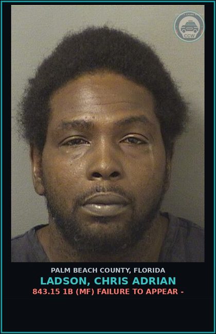 CCW arrest card for LADSON, CHRIS ADRIAN in Palm Beach County: 843.15 1B (MF) FAILURE TO APPEAR -