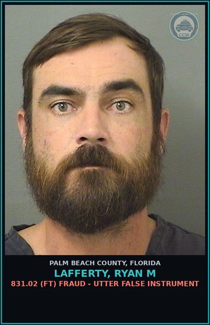 CCW arrest card for LAFFERTY, RYAN M in Palm Beach County: 831.02 (FT) FRAUD - UTTER FALSE INSTRUMENT