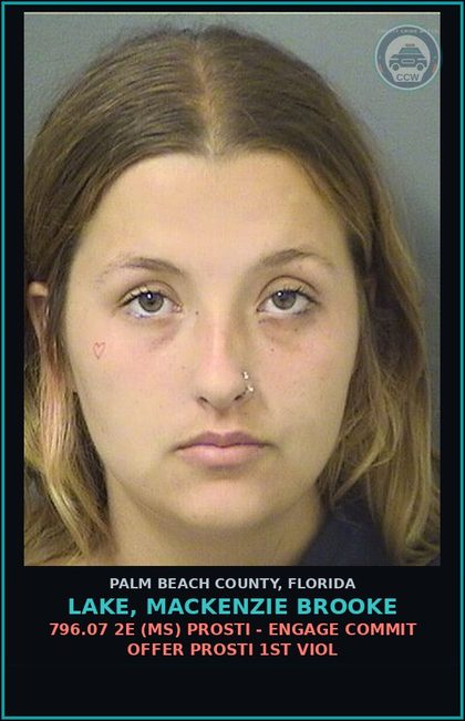 CCW arrest card for LAKE, MACKENZIE BROOKE in Palm Beach County: 796.07 2E (MS) Prosti - ENGAGE COMMIT OFFER Prosti 1ST VIOL