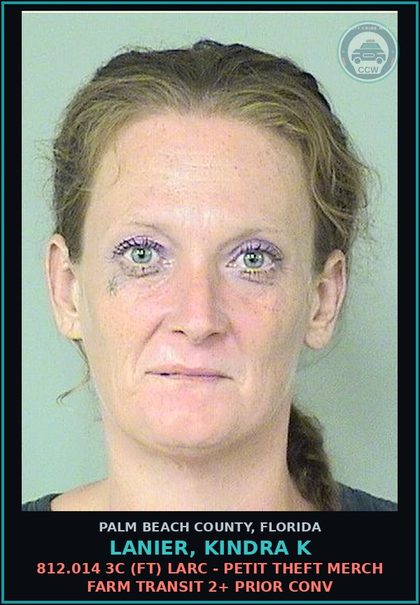 CCW arrest card for LANIER, KINDRA K in Palm Beach County: 812.014 3C (FT) LARC - PETIT THEFT MERCH FARM TRANSIT 2+ PRIOR CONV