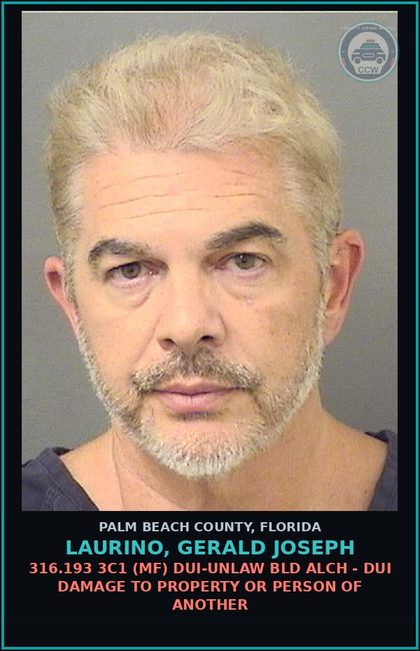 CCW arrest card for LAURINO, GERALD JOSEPH in Palm Beach County: 316.193 3C1 (MF) DUI-UNLAW BLD ALCH - DUI DAMAGE TO PROPERTY OR PERSON OF ANOTHER