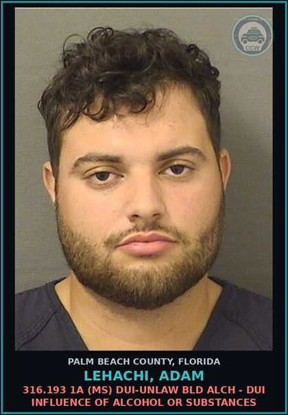CCW arrest card for LEHACHI, ADAM in Palm Beach County: 316.193 1A (MS) DUI-UNLAW BLD ALCH - DUI INFLUENCE OF ALCOHOL OR DRUGS