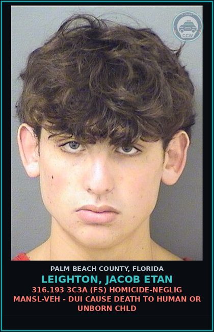 CCW arrest card for LEIGHTON, JACOB ETAN in Palm Beach County: 316.193 3C3A (FS) HOMICIDE-NEGLIG MANSL-VEH - DUI CAUSE DEATH TO HUMAN OR UNBORN chld