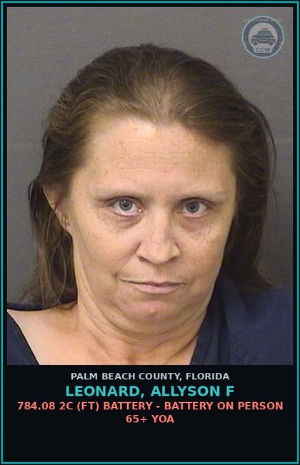 CCW arrest card for LEONARD, ALLYSON F in Palm Beach County: 784.08 2C (FT) BATTERY - BATTERY ON PERSON 65+ YOA