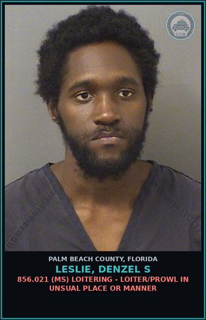 CCW arrest card for LESLIE, DENZEL S in Palm Beach County: 856.021 (MS) LOITERING - LOITER/PROWL IN UNSUAL PLACE OR MANNER