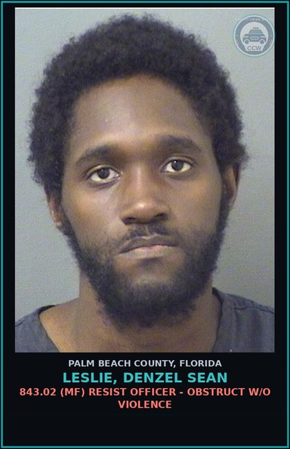 CCW arrest card for LESLIE, DENZEL SEAN in Palm Beach County: 843.02 (MF) RESIST OFFICER - OBSTRUCT W/O VIOLENCE