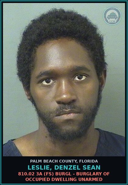 CCW arrest card for LESLIE, DENZEL SEAN in Palm Beach County: 810.02 3A (FS) BURGL - BURGLARY OF OCCUPIED DWELLING UNARMED