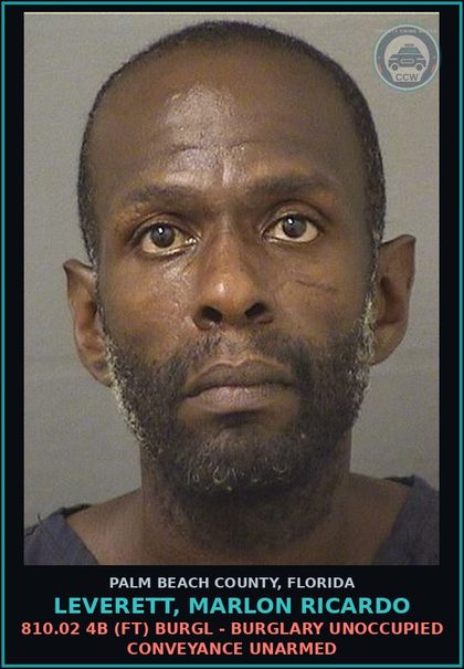 CCW arrest card for LEVERETT, MARLON RICARDO in Palm Beach County: 810.02 4B (FT) BURGL - BURGLARY UNOCCUPIED CONVEYANCE UNARMED
