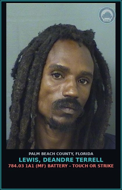 CCW arrest card for LEWIS, DEANDRE TERRELL in Palm Beach County: 784.03 1A1 (MF) BATTERY - TOUCH OR STRIKE
