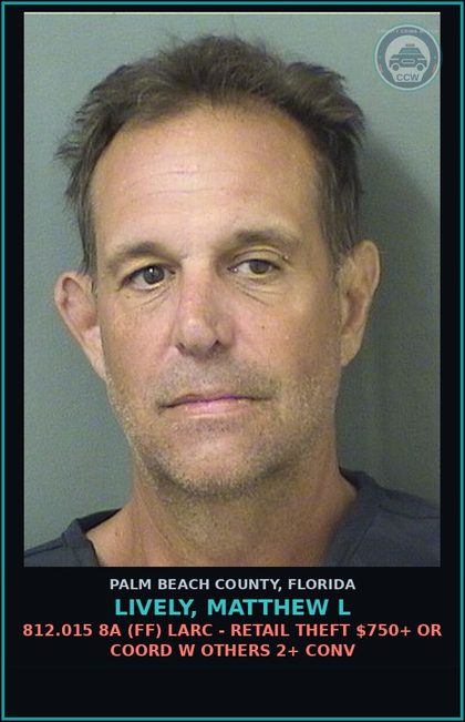 CCW arrest card for LIVELY, MATTHEW L in Palm Beach County: 812.015 8A (FF) LARC - RETAIL THEFT $750+ OR COORD W OTHERS 2+ CONV