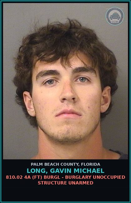 CCW arrest card for LONG, GAVIN MICHAEL in Palm Beach County: 810.02 4A (FT) BURGL - BURGLARY UNOCCUPIED STRUCTURE UNARMED