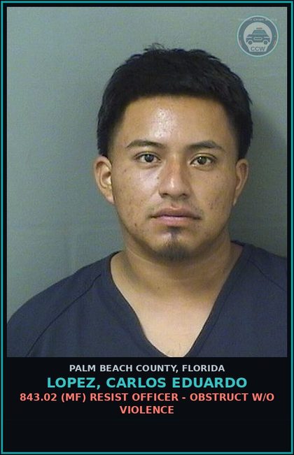 CCW arrest card for LOPEZ, CARLOS EDUARDO in Palm Beach County: 843.02 (MF) RESIST OFFICER - OBSTRUCT W/O VIOLENCE