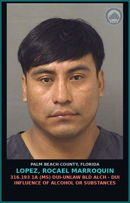 CCW arrest card for LOPEZ, ROCAEL MARROQUIN in Palm Beach County: 316.193 1A (MS) DUI-UNLAW BLD ALCH - DUI INFLUENCE OF ALCOHOL OR DRUGS
