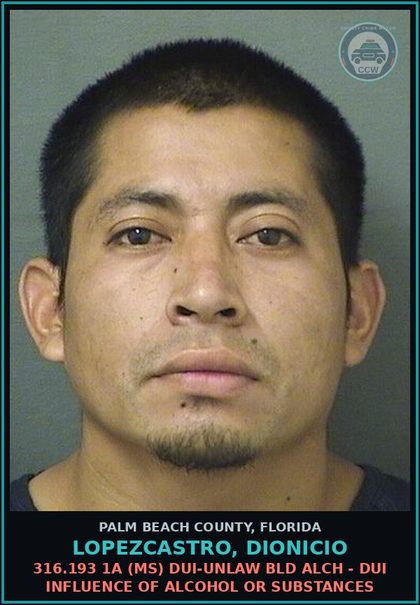 CCW arrest card for LOPEZCASTRO, DIONICIO in Palm Beach County: 316.193 1A (MS) DUI-UNLAW BLD ALCH - DUI INFLUENCE OF ALCOHOL OR DRUGS