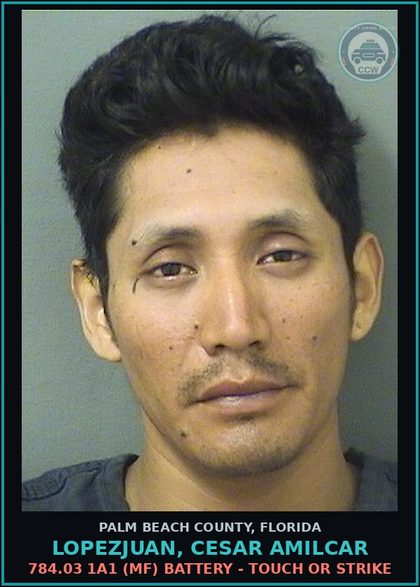 CCW arrest card for LOPEZJUAN, CESAR AMILCAR in Palm Beach County: 784.03 1A1 (MF) BATTERY - TOUCH OR STRIKE