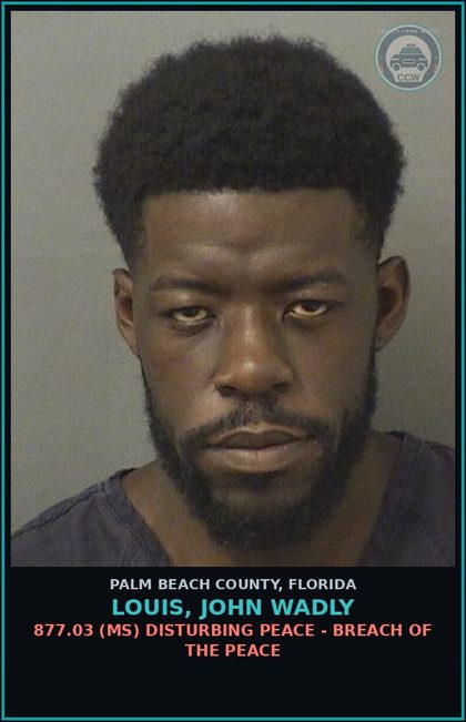 CCW arrest card for LOUIS, JOHN WADLY in Palm Beach County: 877.03 (MS) DISTURBING PEACE - BREACH OF THE PEACE