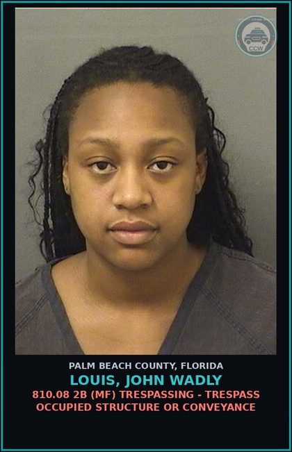 CCW arrest card for LOUIS, JOHN WADLY in Palm Beach County: 810.08 2B (MF) TRESPASSING - TRESPASS OCCUPIED STRUCTURE OR CONVEYANCE