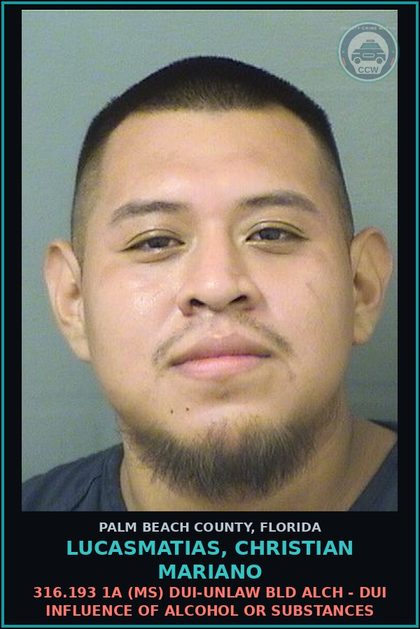 CCW arrest card for LUCASMATIAS, CHRISTIAN MARIANO in Palm Beach County: 316.193 1A (MS) DUI-UNLAW BLD ALCH - DUI INFLUENCE OF ALCOHOL OR DRUGS