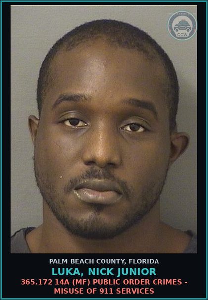 CCW arrest card for LUKA, NICK JUNIOR in Palm Beach County: 365.172 14A (MF) PUBLIC ORDER CRIMES - MISUSE OF 911 SERVICES
