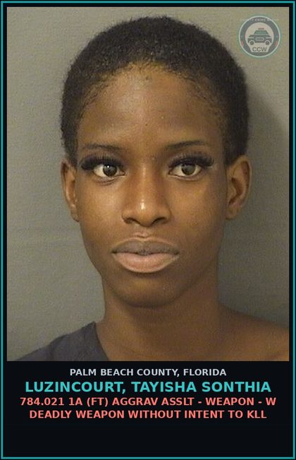 CCW arrest card for LUZINCOURT, TAYISHA SONTHIA in Palm Beach County: 784.021 1A (FT) AGGRAV ASSLT - WEAPON - W DEADLY WEAPON WITHOUT INTENT TO KILL