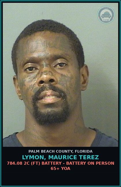 CCW arrest card for LYMON, MAURICE TEREZ in Palm Beach County: 784.08 2C (FT) BATTERY - BATTERY ON PERSON 65+ YOA