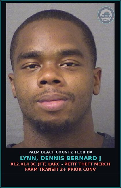 CCW arrest card for LYNN, DENNIS BERNARD J in Palm Beach County: 812.014 3C (FT) LARC - PETIT THEFT MERCH FARM TRANSIT 2+ PRIOR CONV