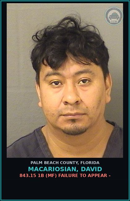 CCW arrest card for MACARIOSIAN, DAVID in Palm Beach County: 843.15 1B (MF) FAILURE TO APPEAR -
